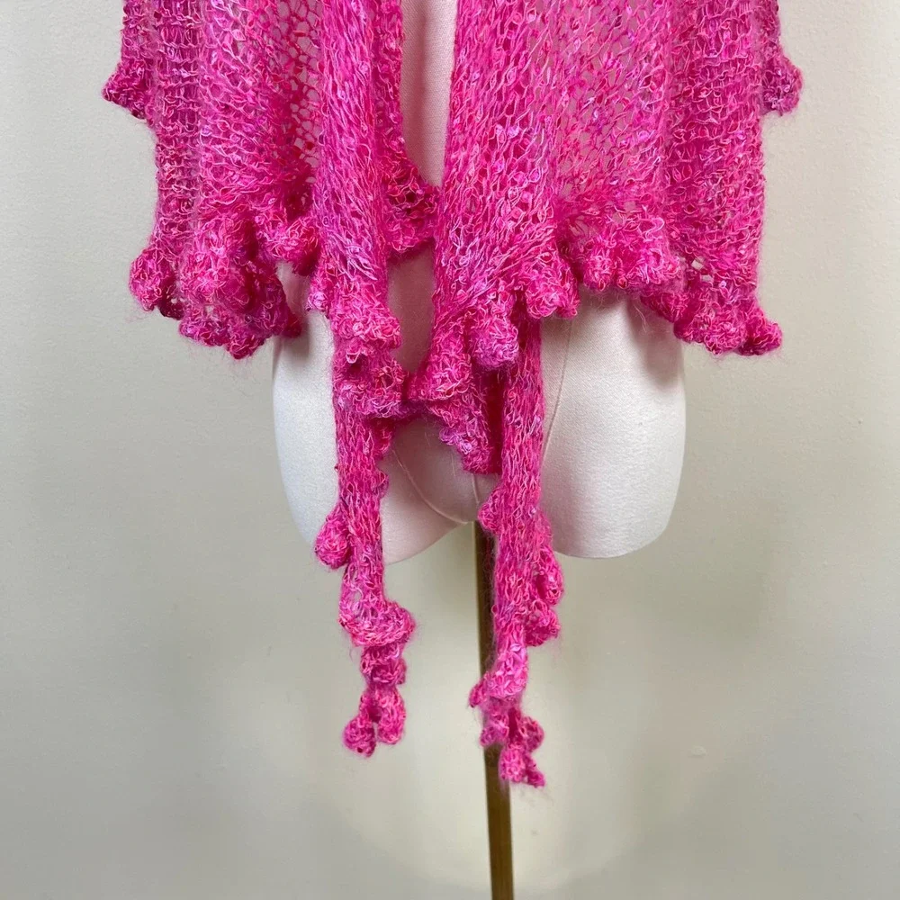 Vintage Pink Crochet Knit Ruffle Shawl Wrap Women Hot Pink Boho Shrug Y2K Fairy